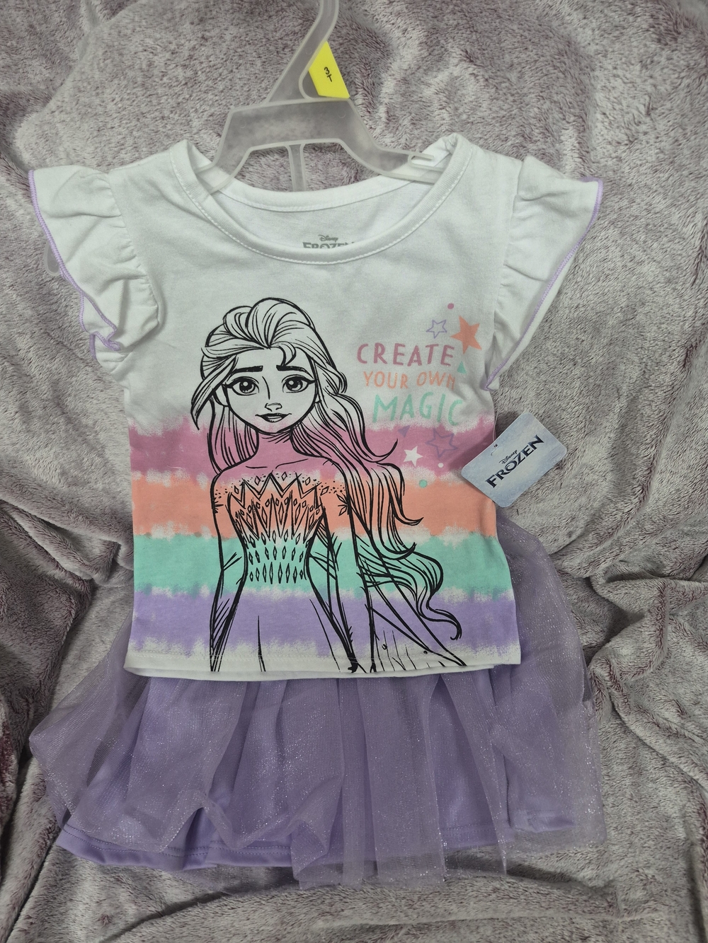 Disney White Tee with Pastel Rainbow Stripes and Purple Tulle Skirt